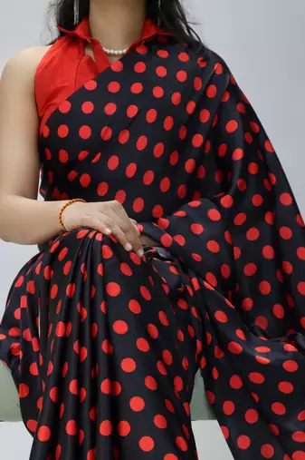 black color polka dots print heavy japan satin saree with unstitched blouse