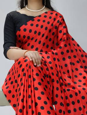 red color polka dots print heavy japan satin saree with unstitched blouse 2