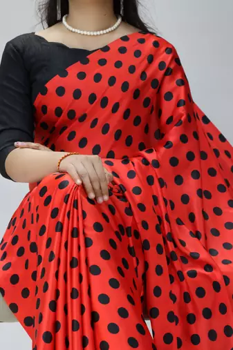 red color polka dots print heavy japan satin saree with unstitched blouse