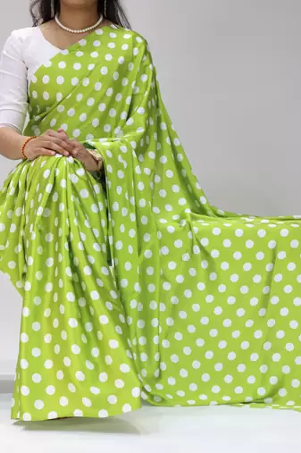 green color polka dots print heavy japan satin saree with unstitched blouse
