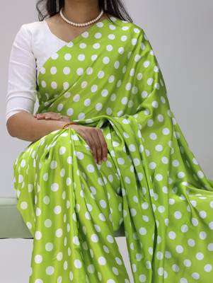 green color polka dots print heavy japan satin saree with unstitched blouse 2