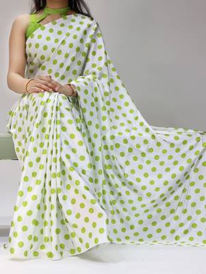 white color polka dots print heavy japan satin saree with unstitched blouse 1