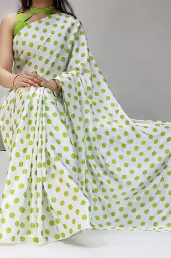 white color polka dots print heavy japan satin saree with unstitched blouse