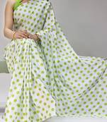 white color polka dots print heavy japan satin saree with unstitched blouse