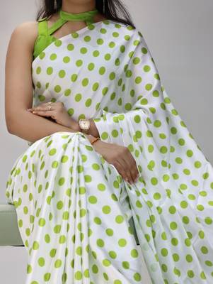 white color polka dots print heavy japan satin saree with unstitched blouse 2