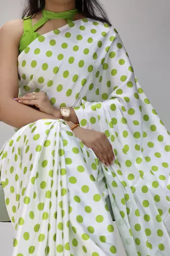 white color polka dots print heavy japan satin saree with unstitched blouse