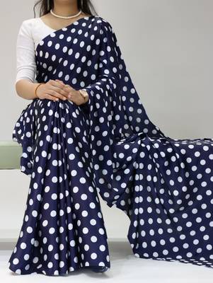 neavy-blue color polka dots print heavy japan satin saree with unstitched blouse 1
