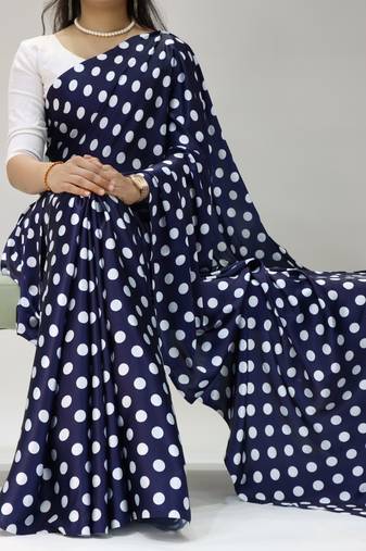 neavy-blue color polka dots print heavy japan satin saree with unstitched blouse