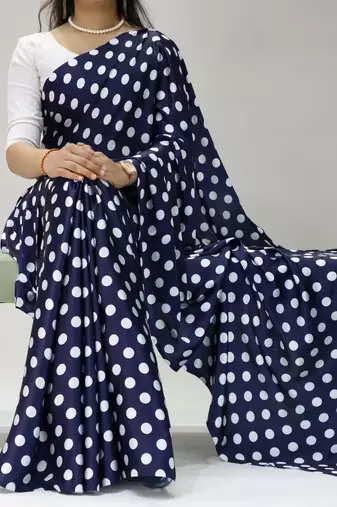 neavy-blue color polka dots print heavy japan satin saree with unstitched blouse