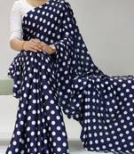 neavy-blue color polka dots print heavy japan satin saree with unstitched blouse