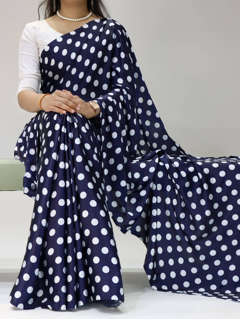 neavy-blue color polka dots print heavy japan satin saree with unstitched blouse