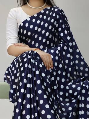 neavy-blue color polka dots print heavy japan satin saree with unstitched blouse 2
