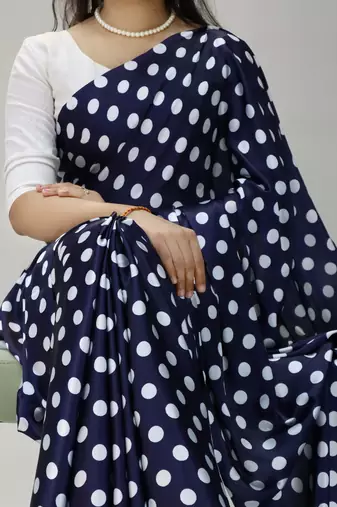 neavy-blue color polka dots print heavy japan satin saree with unstitched blouse