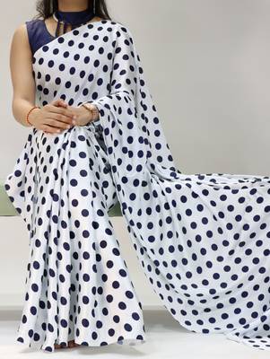 white color polka dots print heavy japan satin saree with unstitched blouse 1