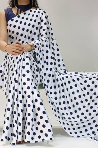 white color polka dots print heavy japan satin saree with unstitched blouse