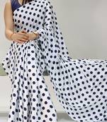 white color polka dots print heavy japan satin saree with unstitched blouse