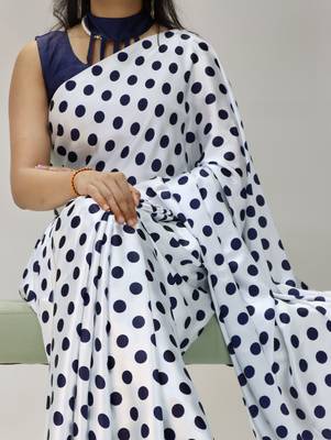 white color polka dots print heavy japan satin saree with unstitched blouse 2