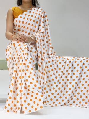 white color polka dots print heavy japan satin saree with unstitched blouse 1