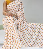 white color polka dots print heavy japan satin saree with unstitched blouse