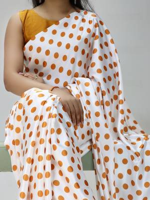 white color polka dots print heavy japan satin saree with unstitched blouse 2