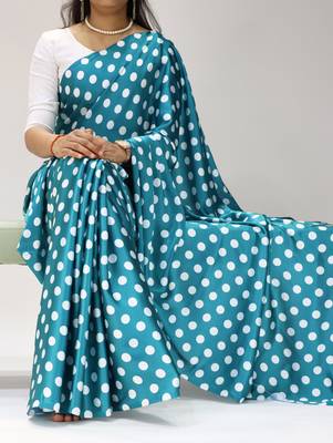 rama color polka dots print heavy japan satin saree with unstitched blouse 1