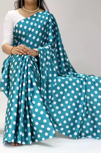 rama color polka dots print heavy japan satin saree with unstitched blouse