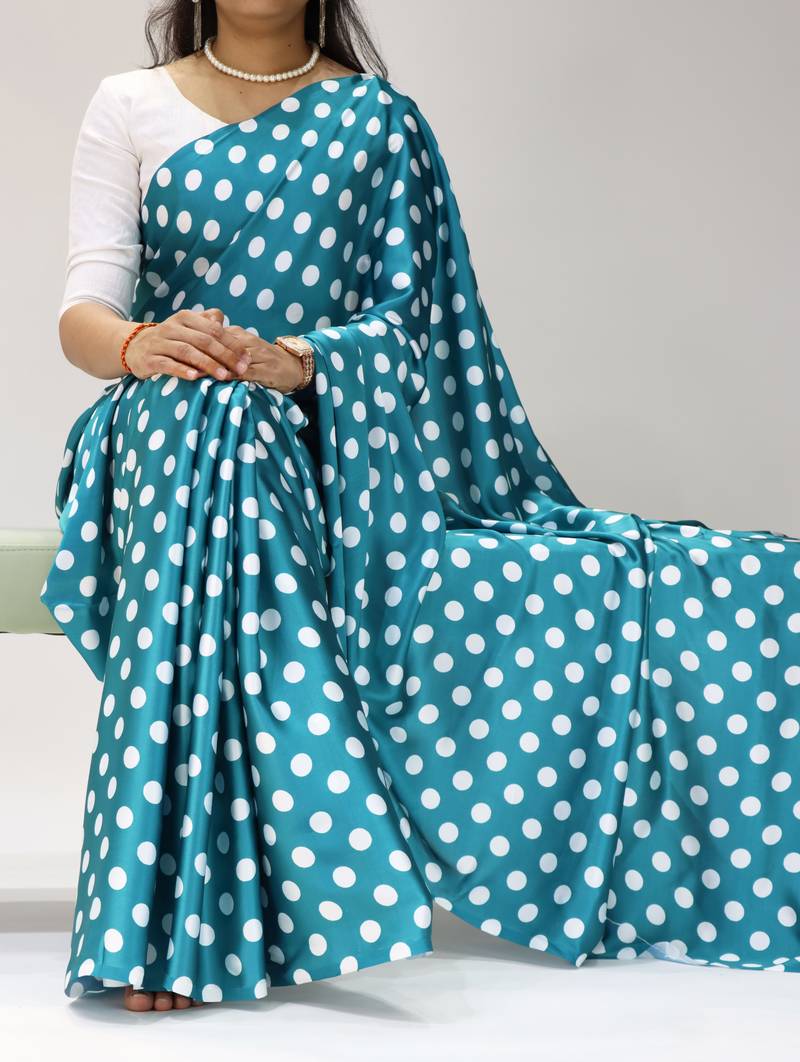 rama color polka dots print heavy japan satin saree with unstitched blouse