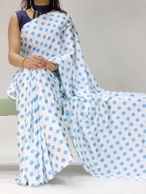 sky color polka dots print heavy japan satin saree with unstitched blouse 1