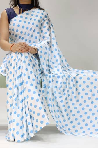 sky color polka dots print heavy japan satin saree with unstitched blouse