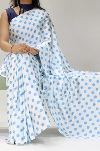 sky color polka dots print heavy japan satin saree with unstitched blouse