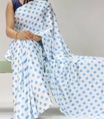 sky color polka dots print heavy japan satin saree with unstitched blouse
