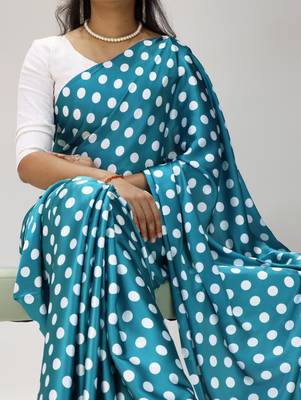 rama color polka dots print heavy japan satin saree with unstitched blouse 2