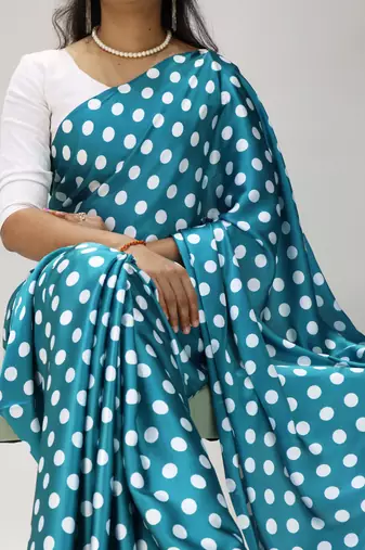 rama color polka dots print heavy japan satin saree with unstitched blouse