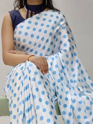 sky color polka dots print heavy japan satin saree with unstitched blouse 2