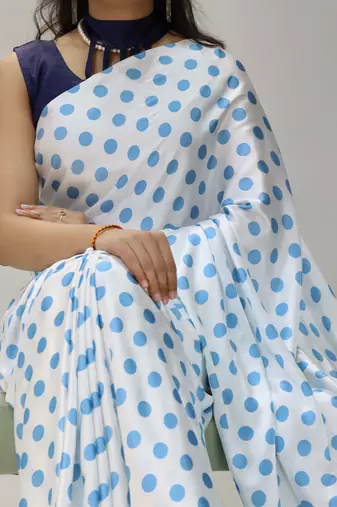 sky color polka dots print heavy japan satin saree with unstitched blouse