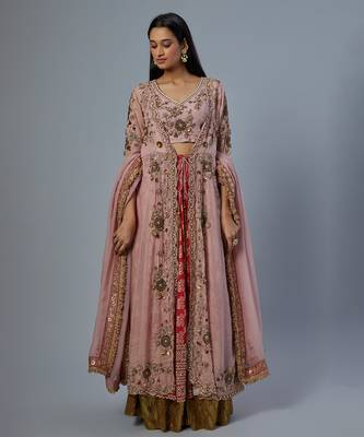 pink embroidered silk lehenga set 1