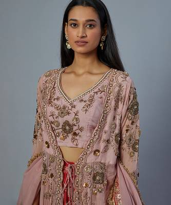 pink embroidered silk lehenga set 4