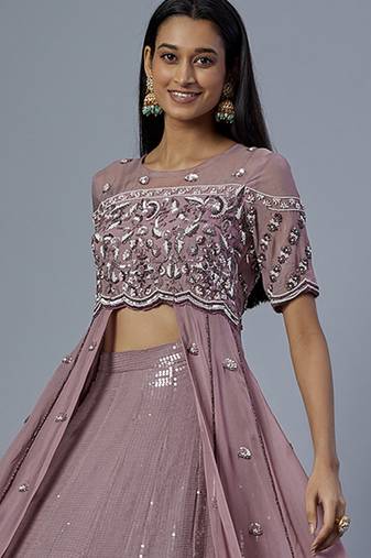 lavender embroidered organza lehenga set
