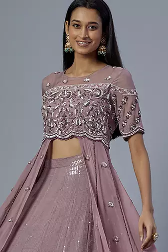 lavender embroidered organza lehenga set