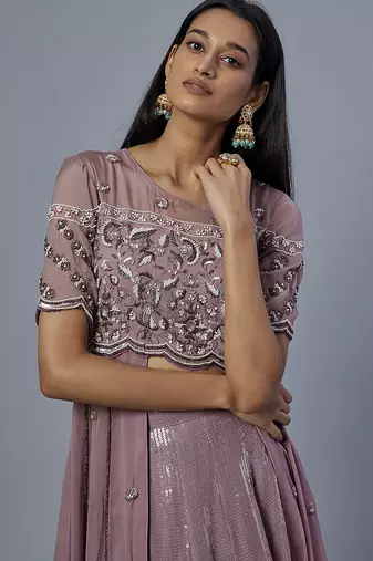 lavender embroidered organza lehenga set