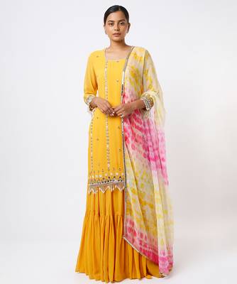 yellow embroidered organza lehenga set 1