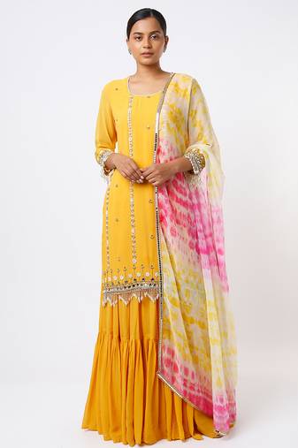 yellow embroidered organza lehenga set