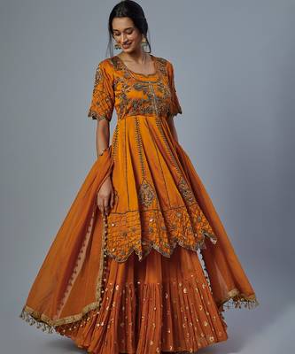 orange embroidered organza lehenga set 1