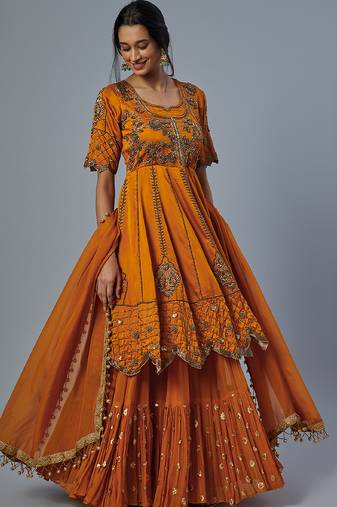 orange embroidered organza lehenga set