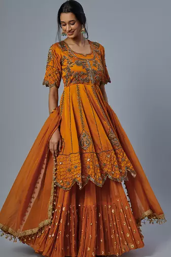 orange embroidered organza lehenga set