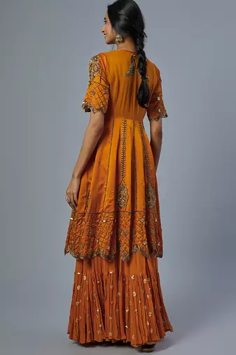 orange embroidered organza lehenga set