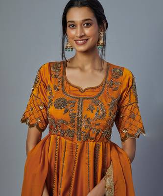 orange embroidered organza lehenga set 4
