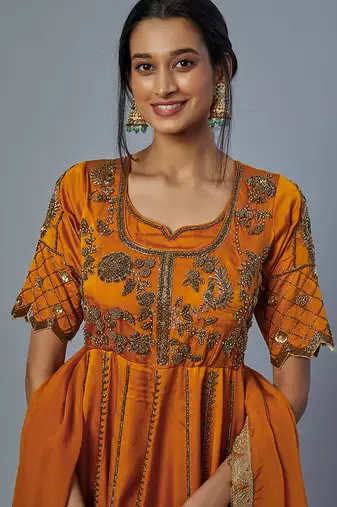 orange embroidered organza lehenga set