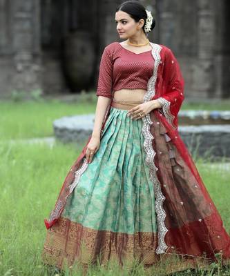 Green Vichitra Silk Embroidered Lace Border Lehenga set with choli and dupatta 1