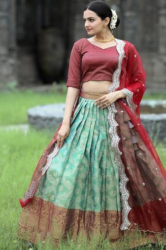 Green Vichitra Silk Embroidered Lace Border Lehenga set with choli and dupatta